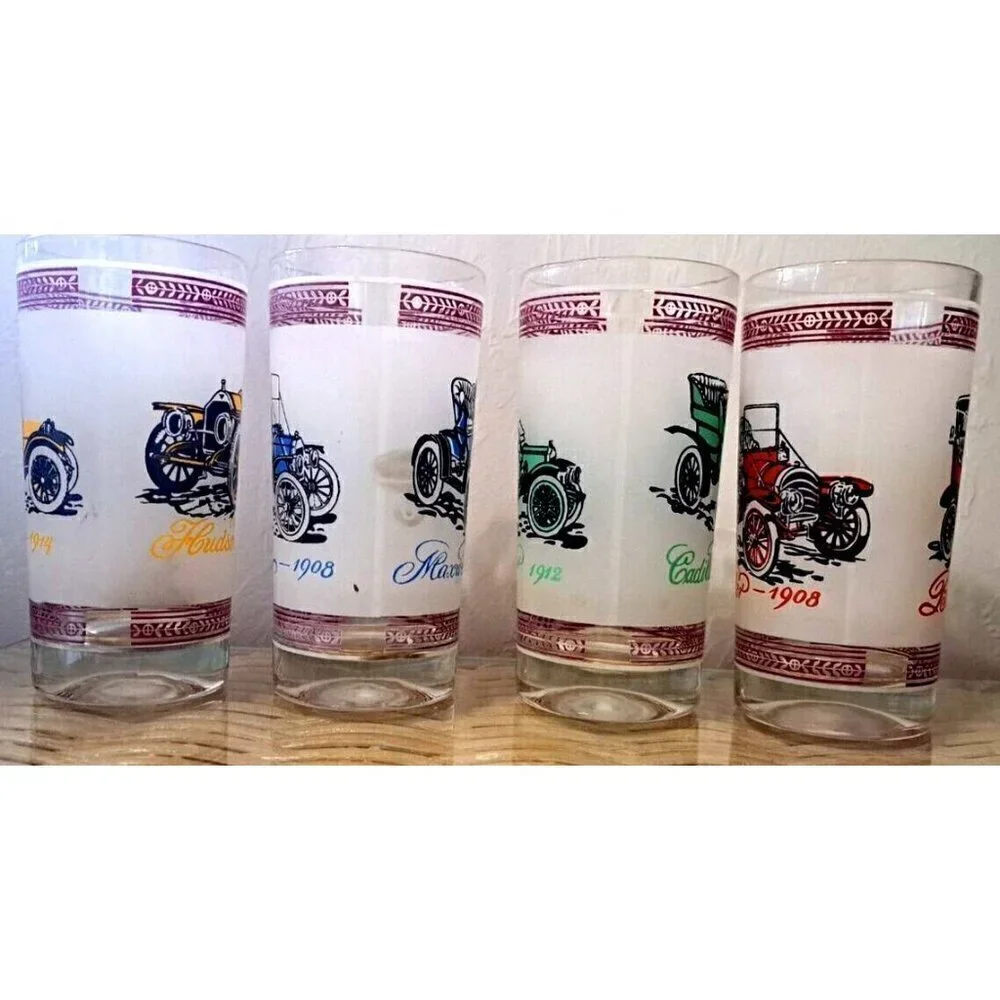Vinage Set of Four Double Old Fashion Glasses Antique Cars